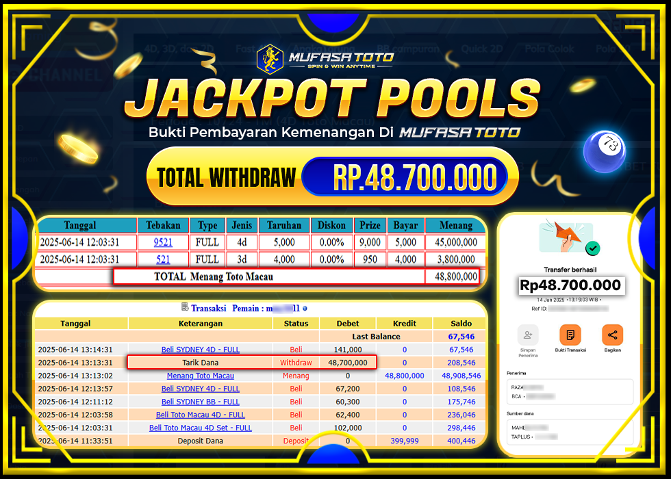 MUFASATOTO JACKPOT POOL TOTO MACAU Rp.48.700.000 | LUNAS